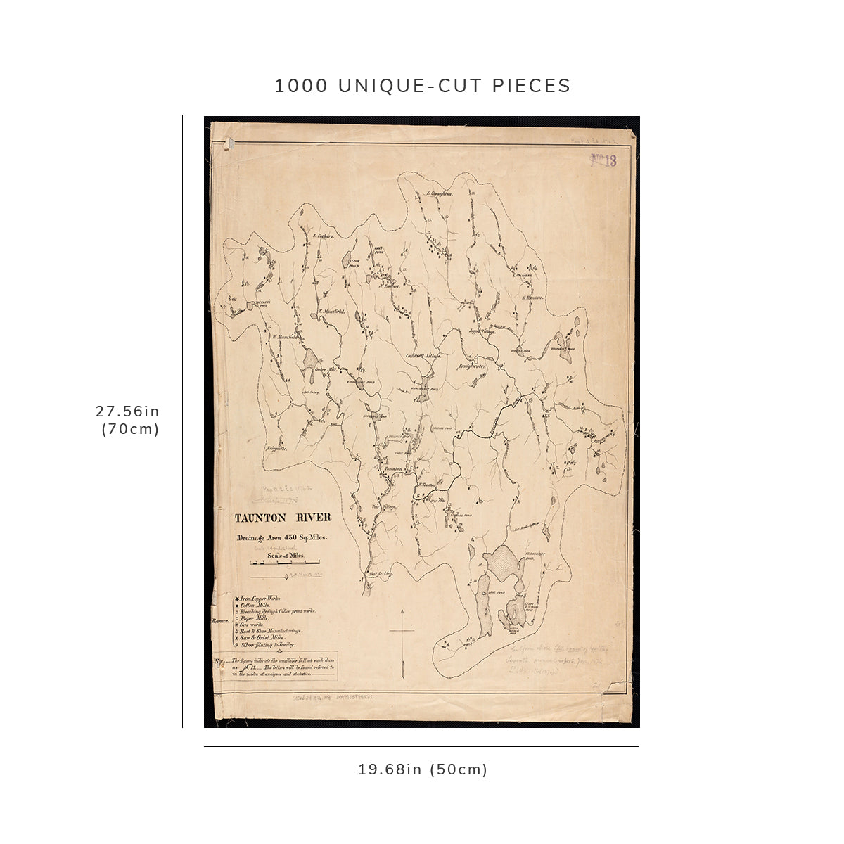 1000 Piece Jigsaw Puzzle: 1876 Map | Taunton (river) | Taunton River drainage area 450