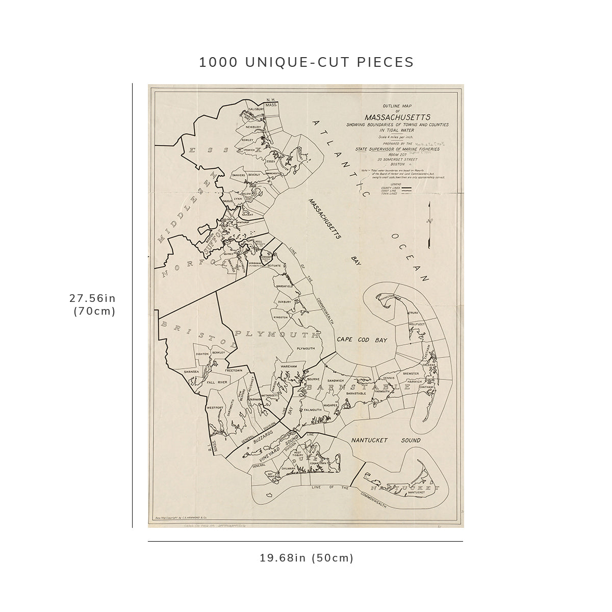 1000 Piece Jigsaw Puzzle: 1932 Map Outline of Massachusetts showing aries of towns