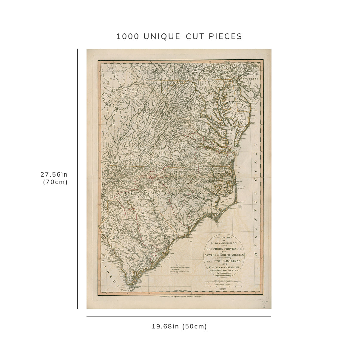 1000 Piece Jigsaw Puzzle: 1783 Map Southern United States The marches of Lord Cornwallis