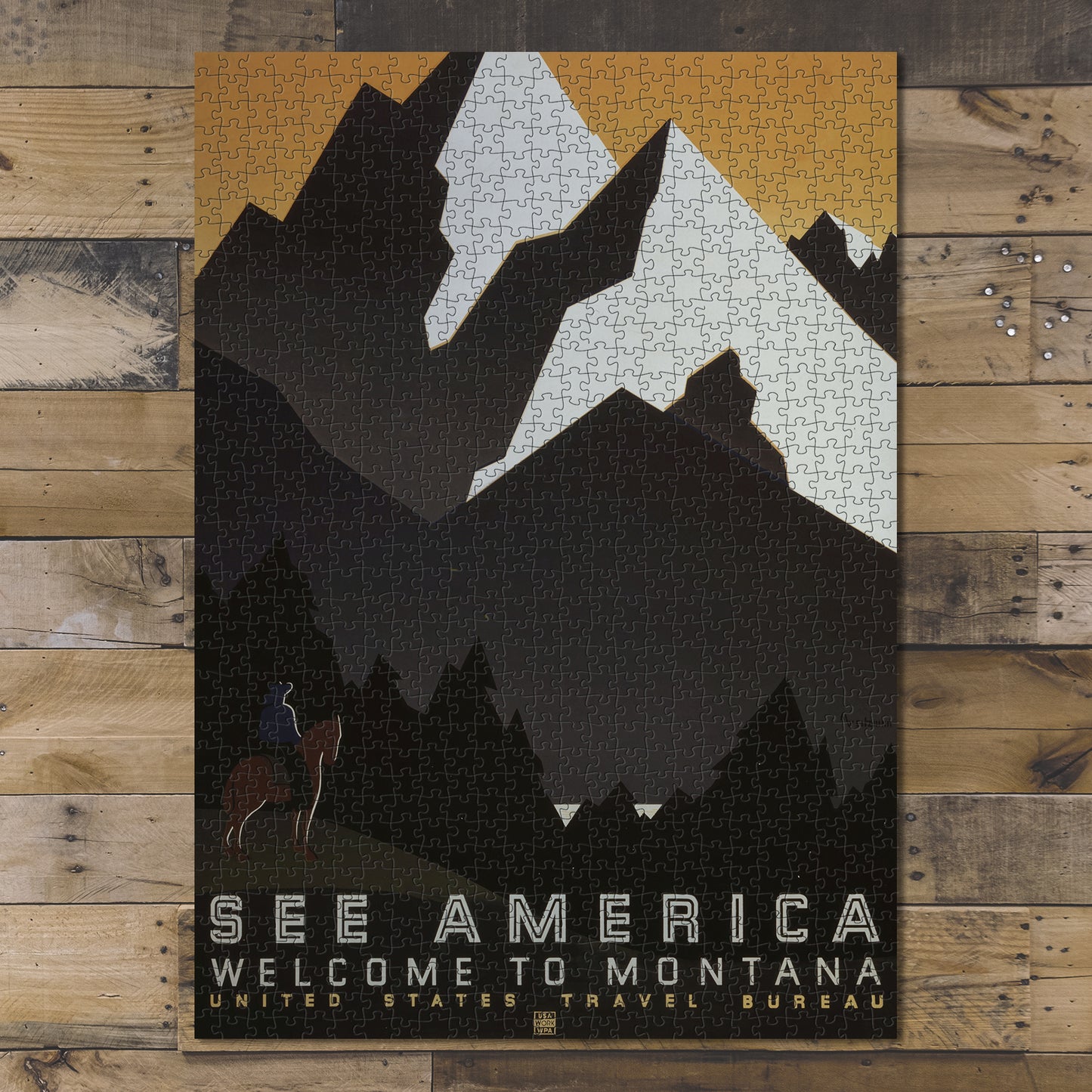 1000 piece puzzle 1938 poster Paintings |See America Welcome to Montana Jigsaw Puzzle Game for Adults