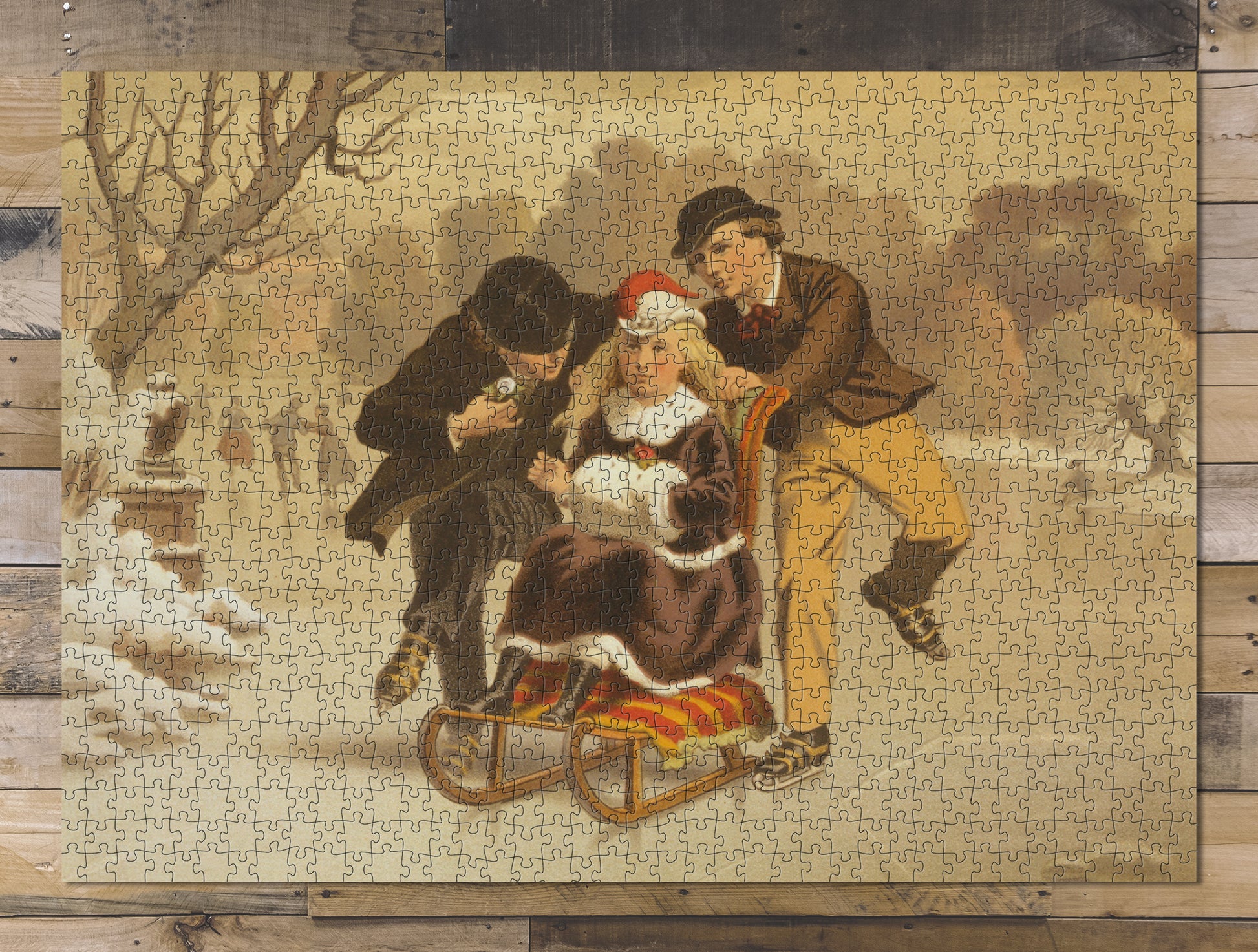 1000 piece puzzle 1869 Rivals Boys Skating alongside of girl on sled Thomas Sinclair Jigsaw Puzzle