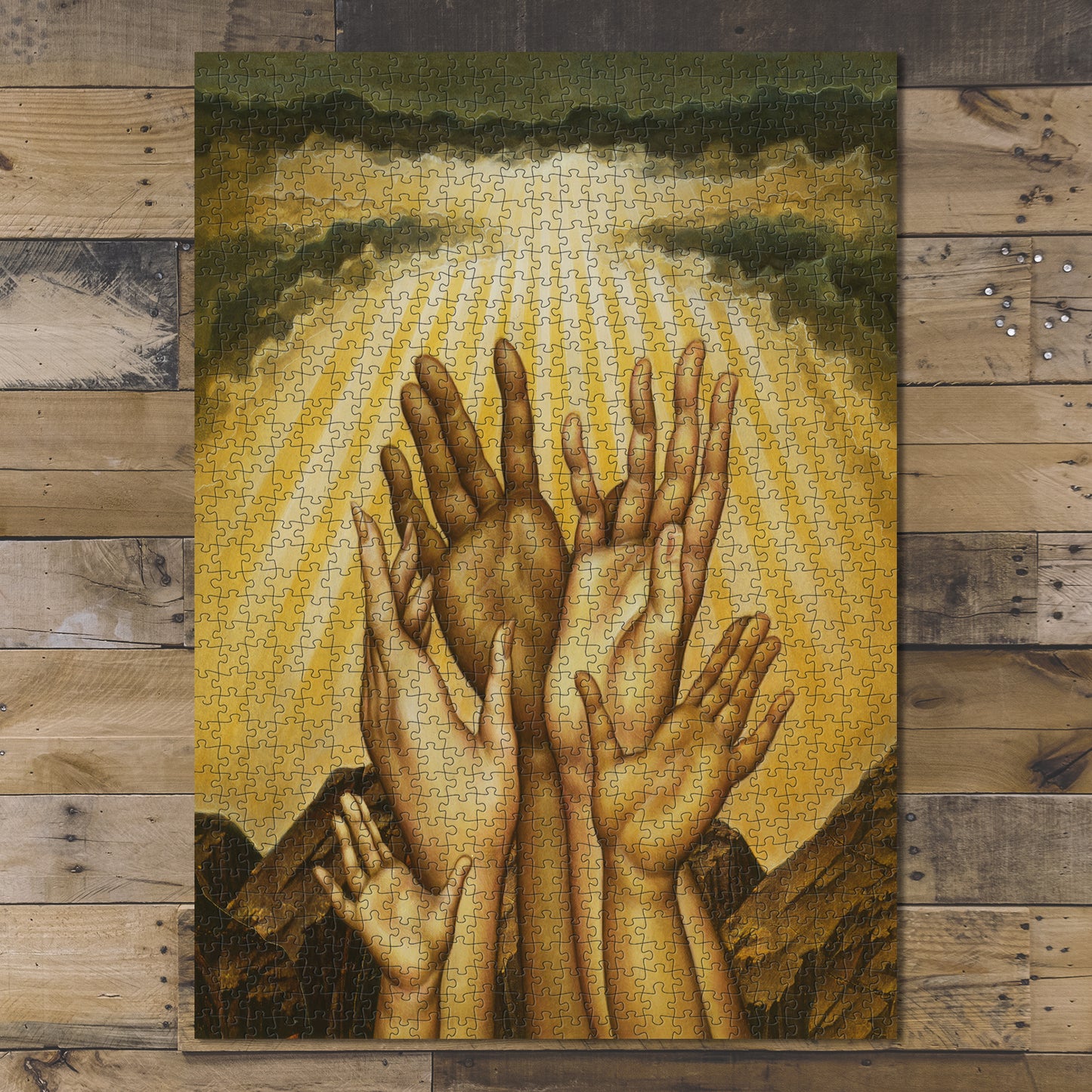 1000 piece puzzle Photo: several hands reaching up toward rays descending from the clouds Unique Gift
