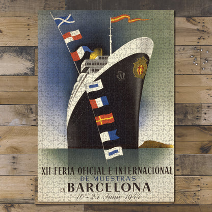 1000 piece puzzle 1944 Photo: Travel Poster showing a ship with flags Barcelona Birthday Present Gifts