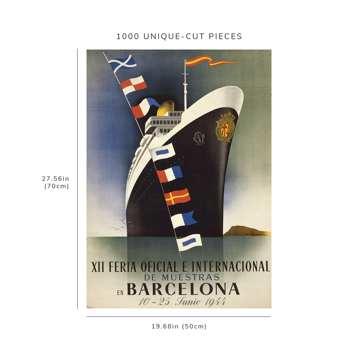 1000 piece puzzle - 1944 Photo: Travel Poster showing a ship with flags Barcelona | Birthday Present Gifts