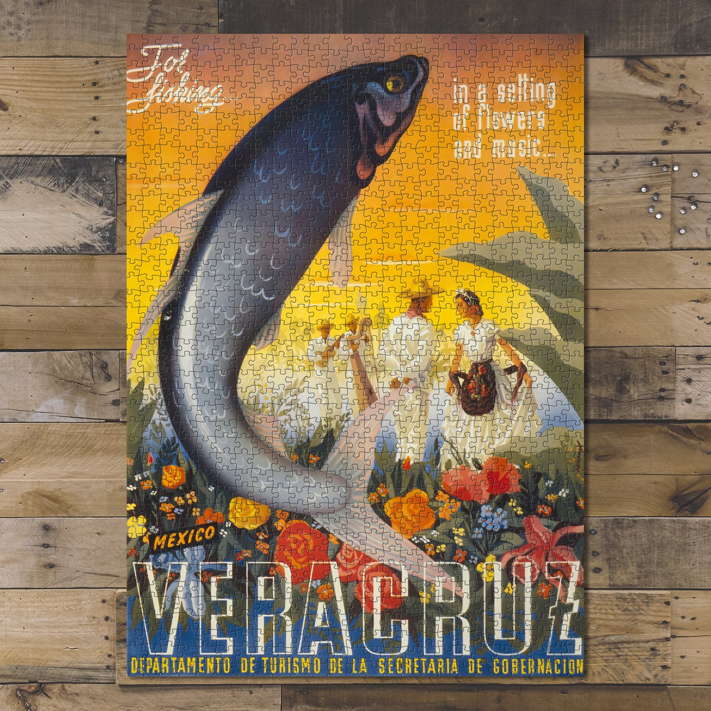 1000 piece puzzle 1940s Photo: Veracruz fishing in a setting of flowers and music
