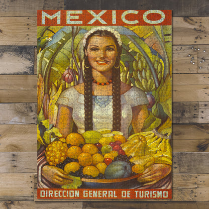 1000 piece puzzle Photo: Mexico woman in traditional dress holding a bowl of fruit in a tropical setting