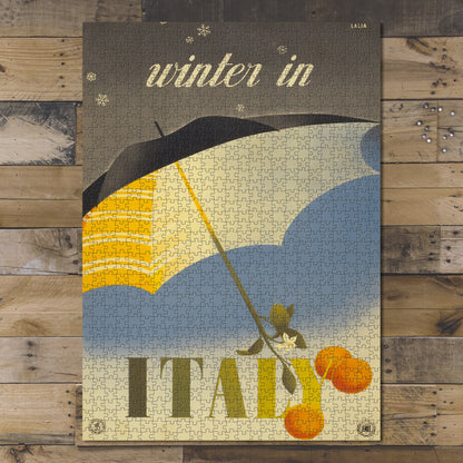 1000 piece puzzle 1951 Photo: Winter in Italy Umbrella Snowflakes fall from dark sky Orange Blossom