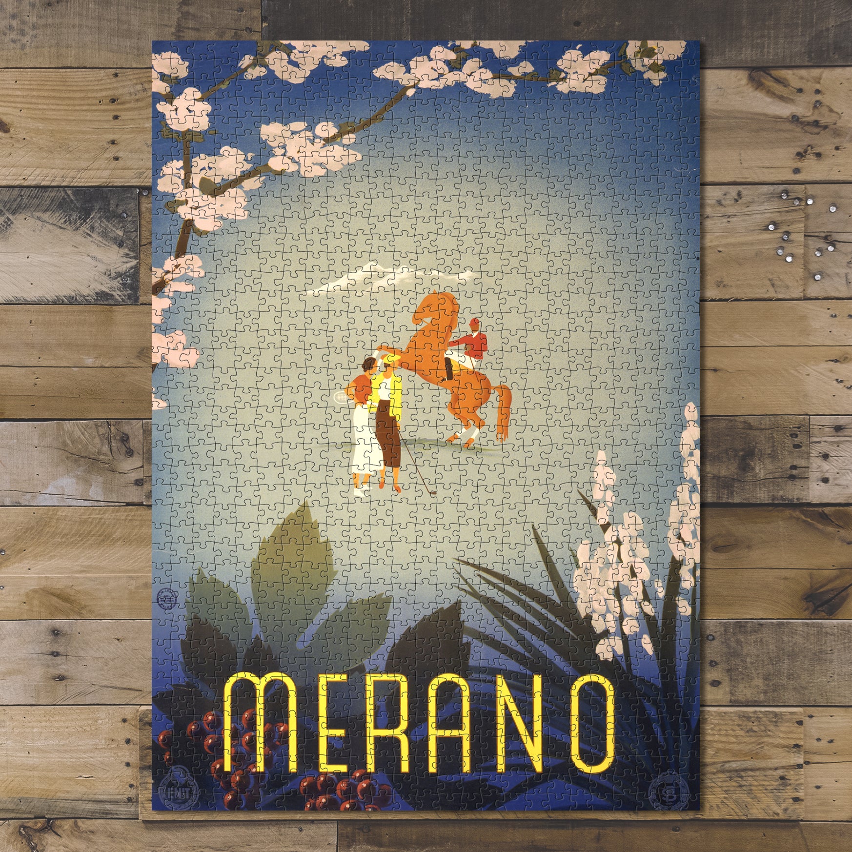 1000 piece puzzle Photo: Merano Travel poster showing a woman with a tennis racquet