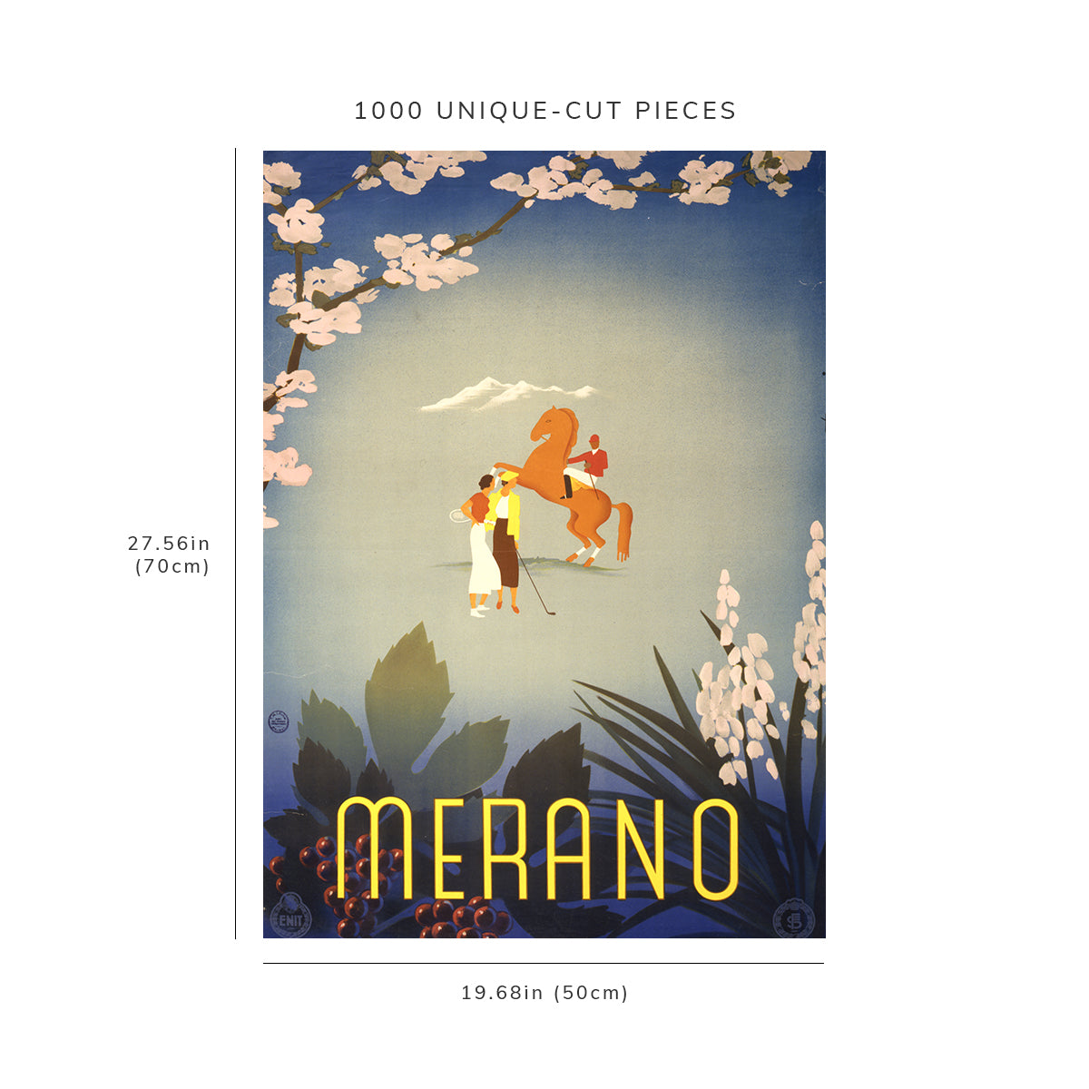 1000 piece puzzle - Photo: Merano | Travel poster showing a woman with a tennis racquet