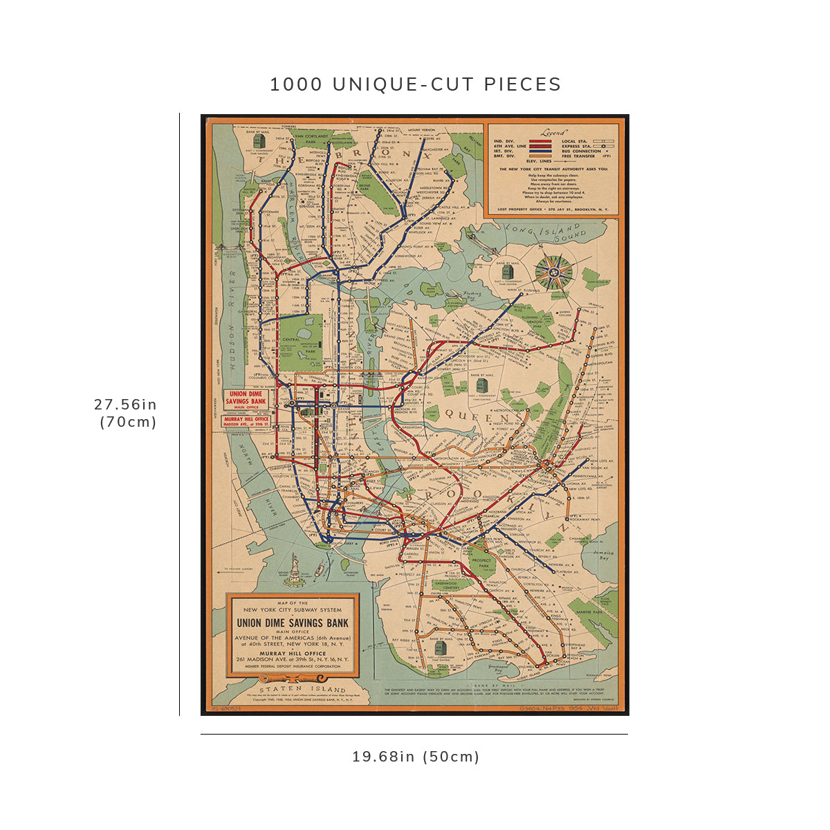 1000 piece puzzle - 1954 Map of New York City Subway - Subway System Map of New York | NY Underground