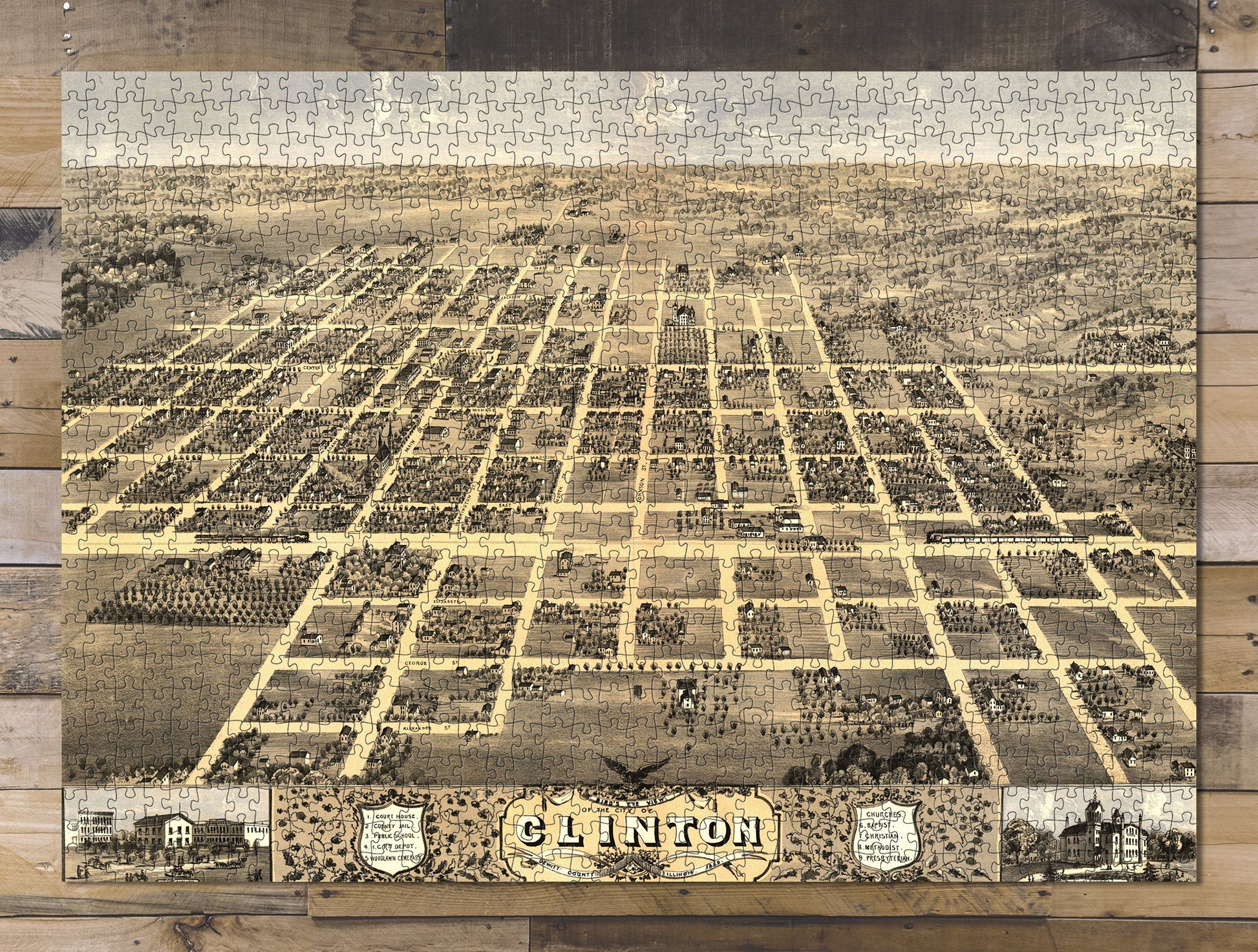 1000 piece puzzle 1869 Map| Bird's eye view of the city of Clinton, DeWitt County