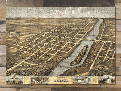 1000 piece puzzle 1869 Map| Bird's eye view of Geneva, Kane County, Illinois Birthday Present Gifts