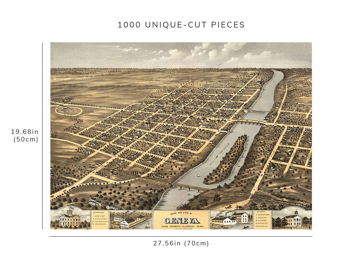 1000 piece puzzle - 1869 Map| Bird's eye view of Geneva, Kane County, Illinois | Birthday Present Gifts