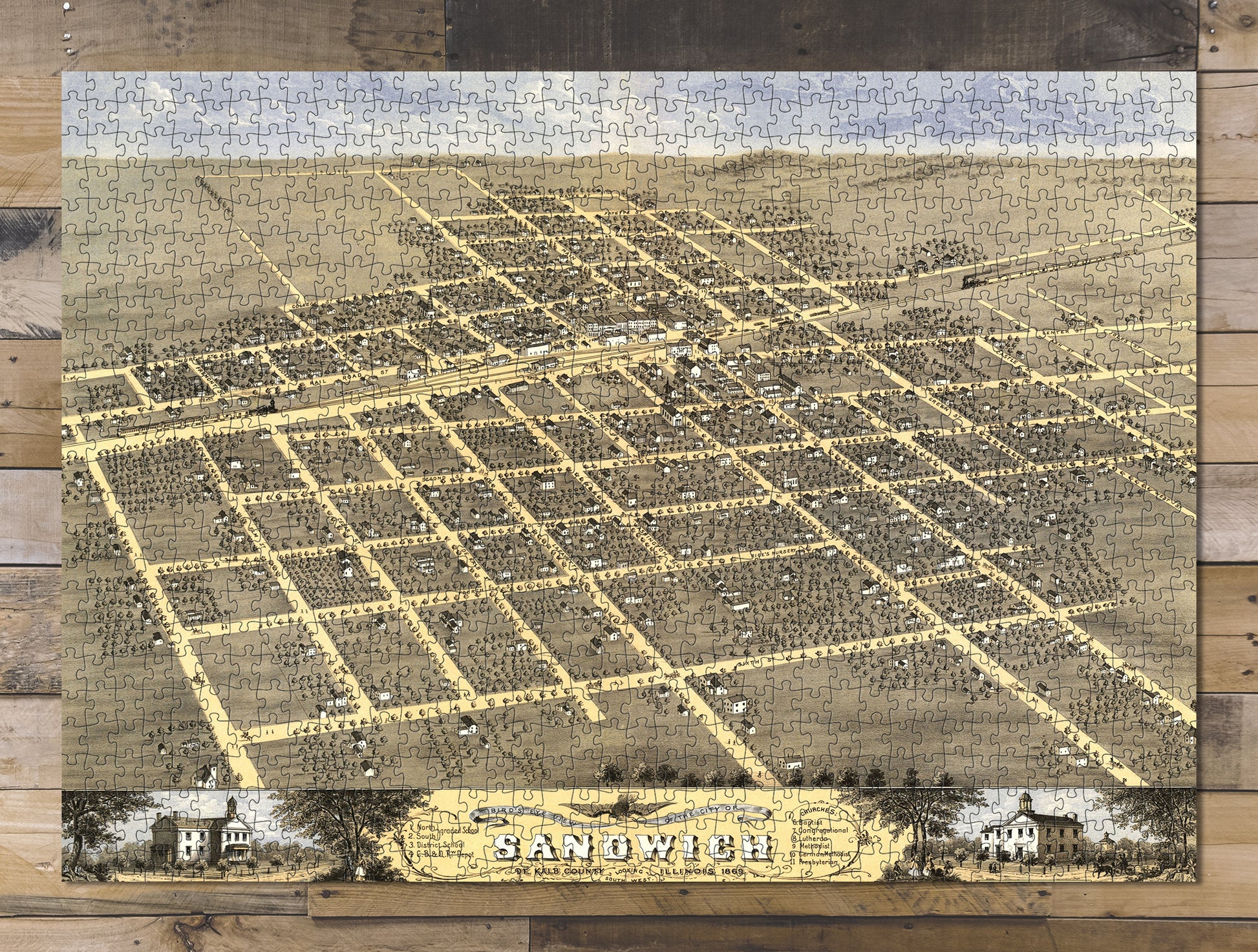 1000 piece puzzle 1869 Map| Bird's eye view of the city of Sandwich, De Kalb County, Ill