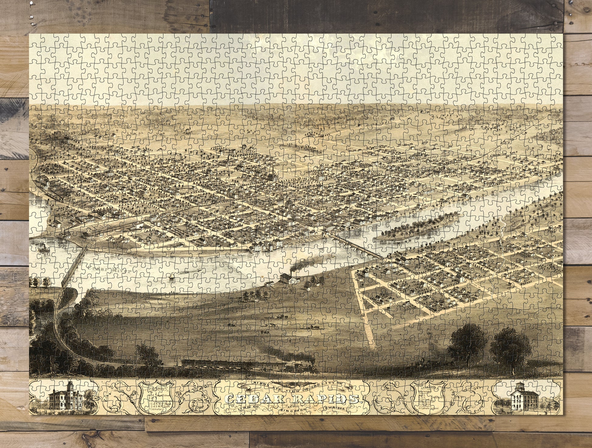 1000 piece puzzle 1868 Map| Birds eye view of the city of Cedar Rapids and Kingston