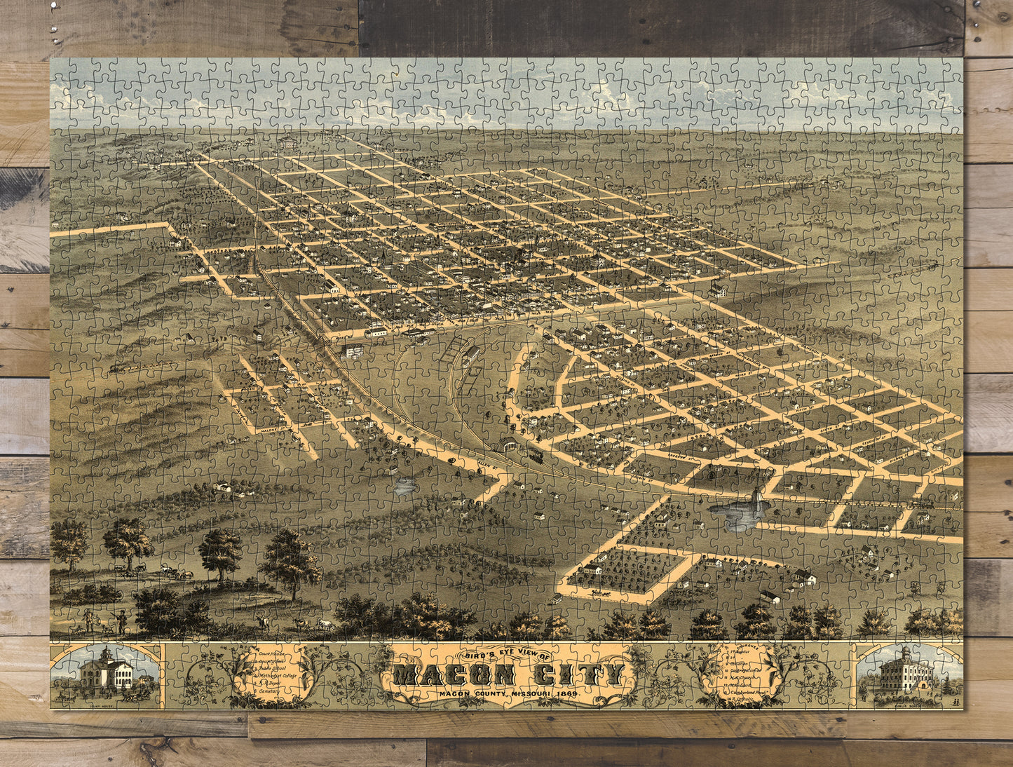 1000 piece puzzle 1869 Map| Bird's eye view of Macon City, Macon County, Missouri Birthday Present Gift
