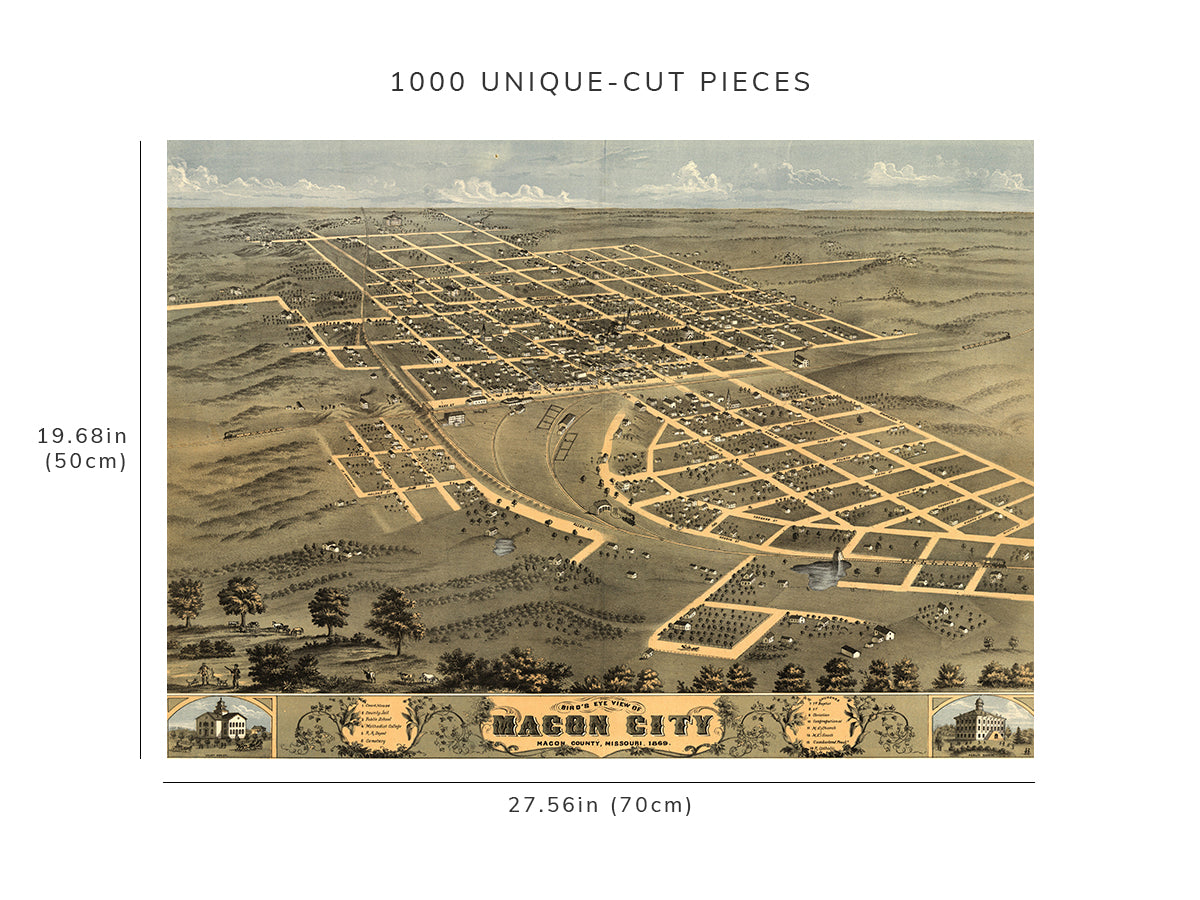 1000 piece puzzle - 1869 Map| Bird's eye view of Macon City, Macon County, Missouri | Birthday Present Gift