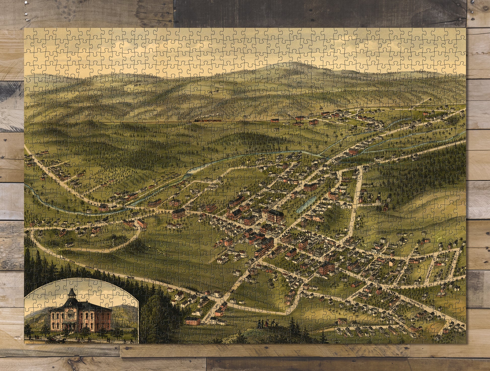 1000 piece puzzle 1877 Map| Bird's eye view of the village of Farmington, Stafford County