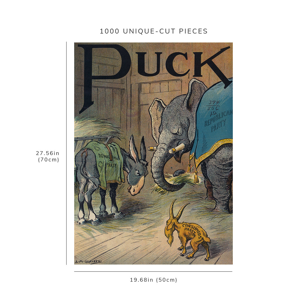 1000 piece puzzle - 1909 | Puck | Glackens | Democratic Donkey | Republican Elephant | Consumer Party Goat