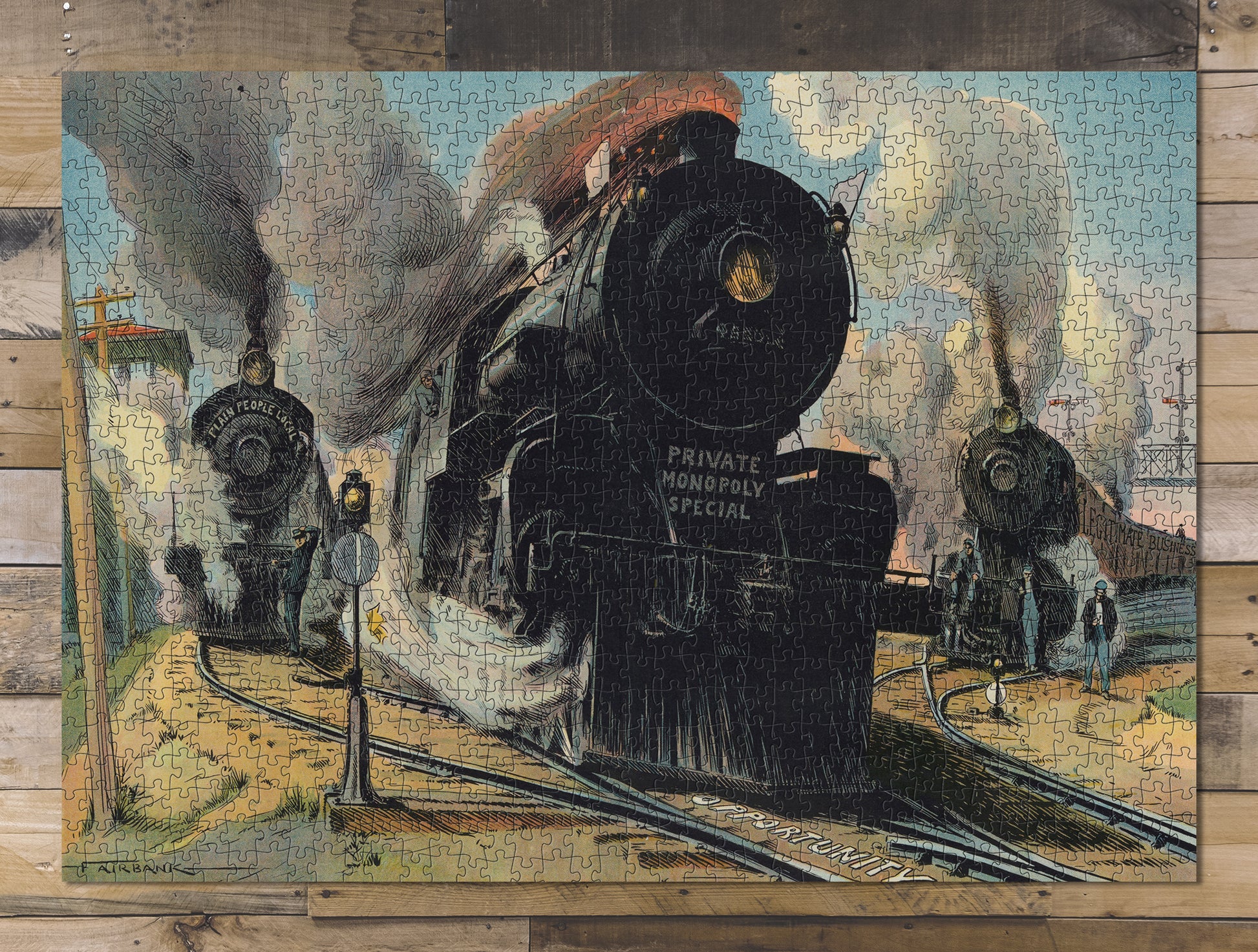 1000 piece puzzle 1910 The Right Of Way Puck locomotive racing down tracks monopoly B Fairbank