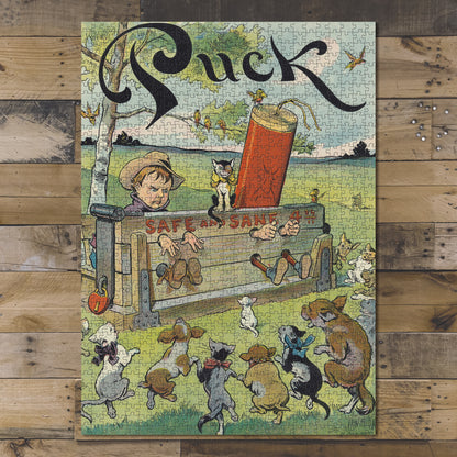 1000 piece puzzle 1910 Independence Day at Last young boy & firecracker locked into stocks Puck