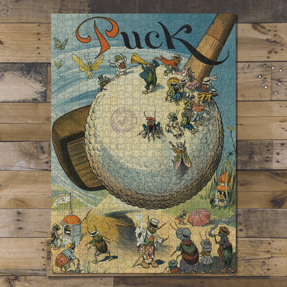1000 piece puzzle 1910 The Airship Craze Puck golf club driving a golf ball covered with insects