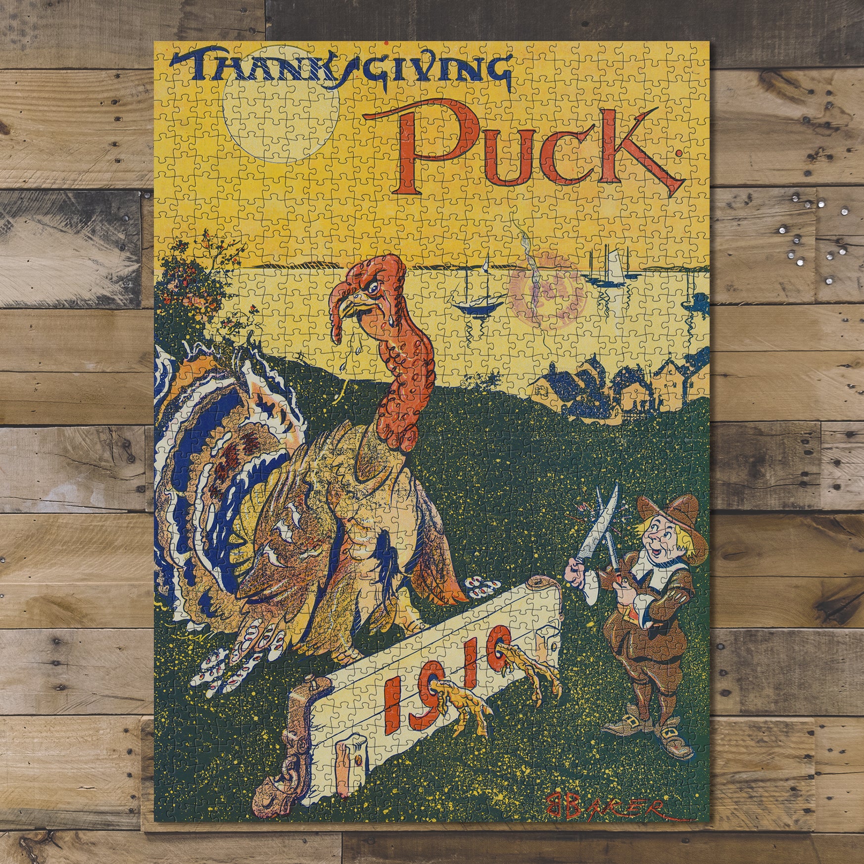 1000 piece puzzle 1910 Thanksgiving Puck boy sharpening knife large turkey with its feet in stocks