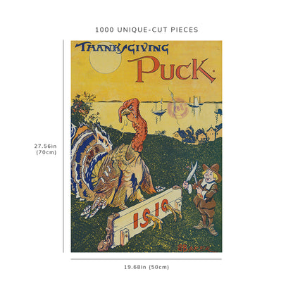 1000 piece puzzle - 1910 | Thanksgiving Puck | boy sharpening knife | large turkey with its feet in stocks