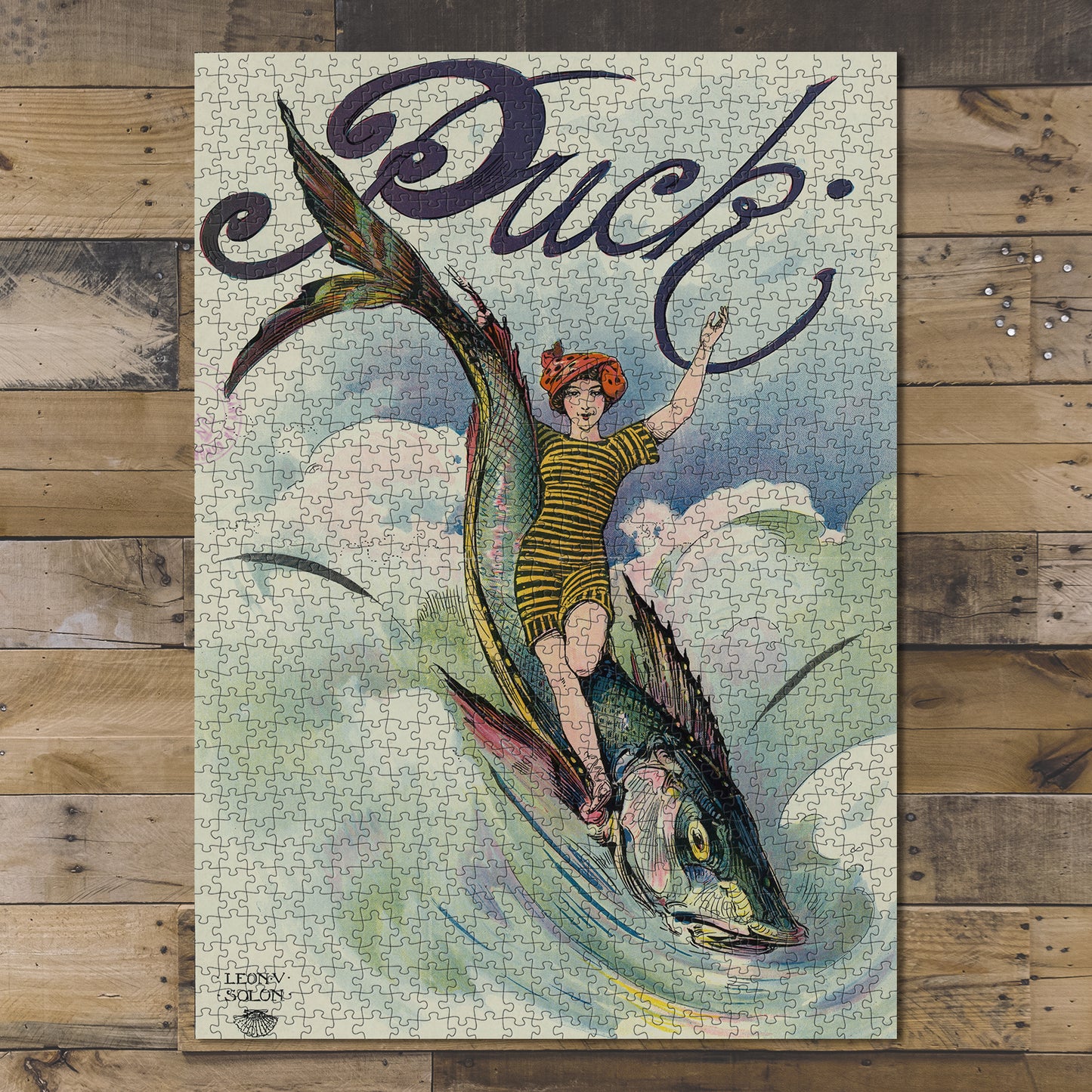 1000 piece puzzle 1911 Maid of the Summer Surf woman wearing swimsuit standing on large fish