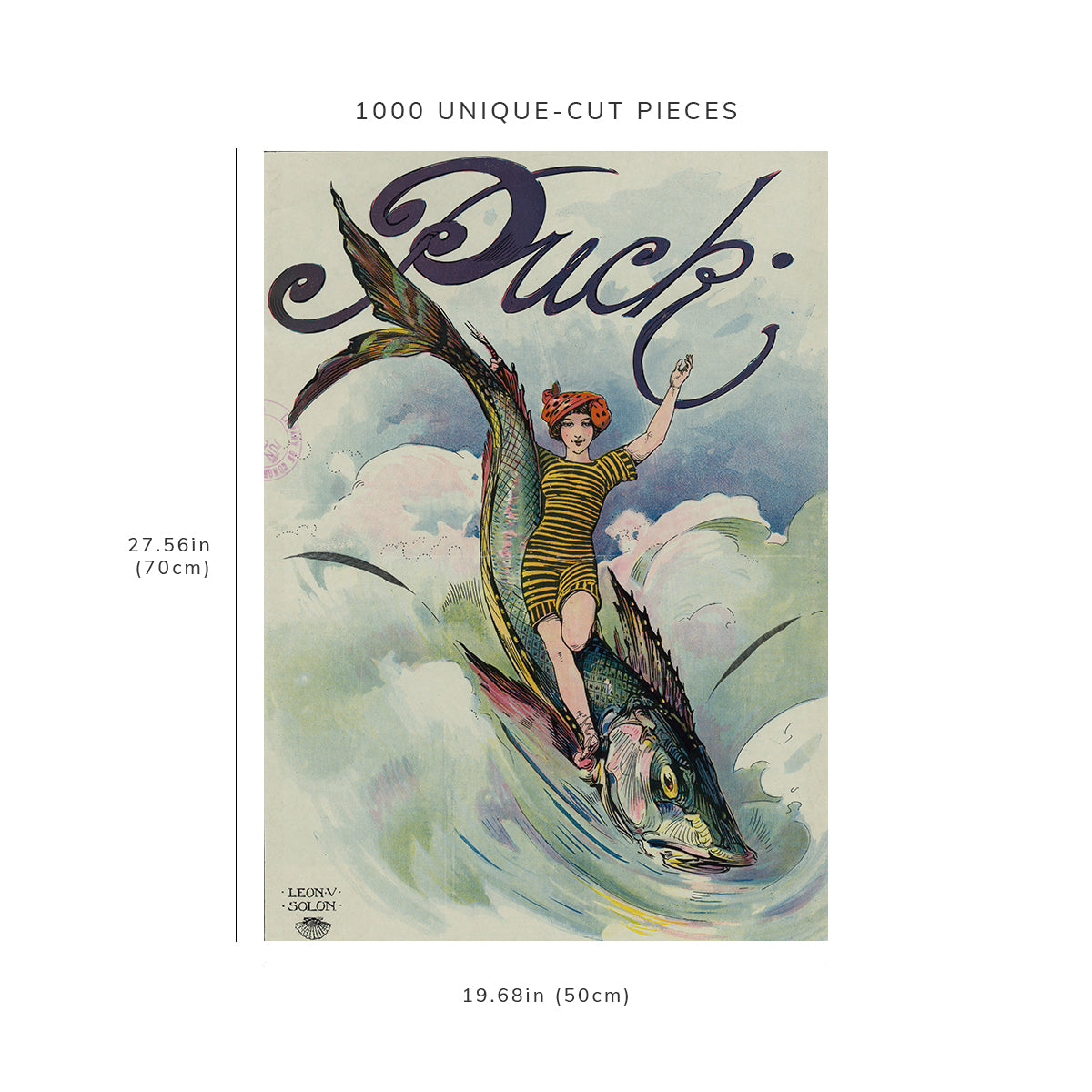1000 piece puzzle - 1911 | Maid of the Summer Surf | woman wearing swimsuit | standing on large fish