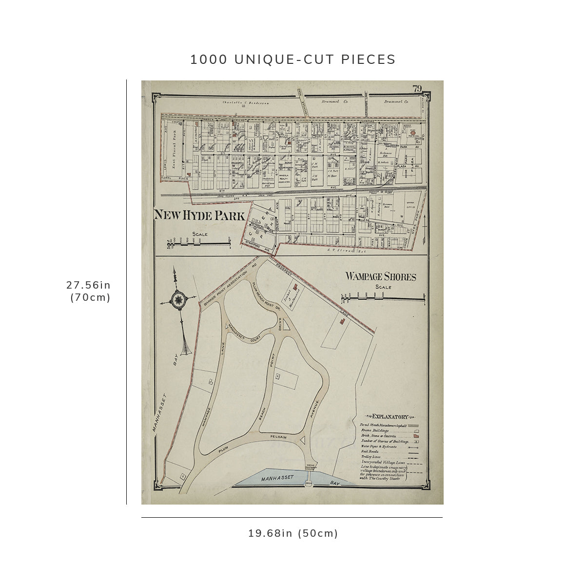 1000 Piece Jigsaw Puzzle: 1914 Map of New York New Hyde Park; Wampage Shores Hyde